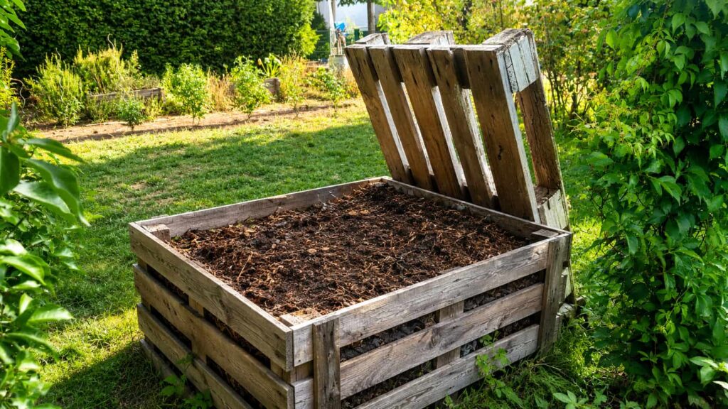Hochbeet aus Paletten mit Erde in einem sonnigen Garten
