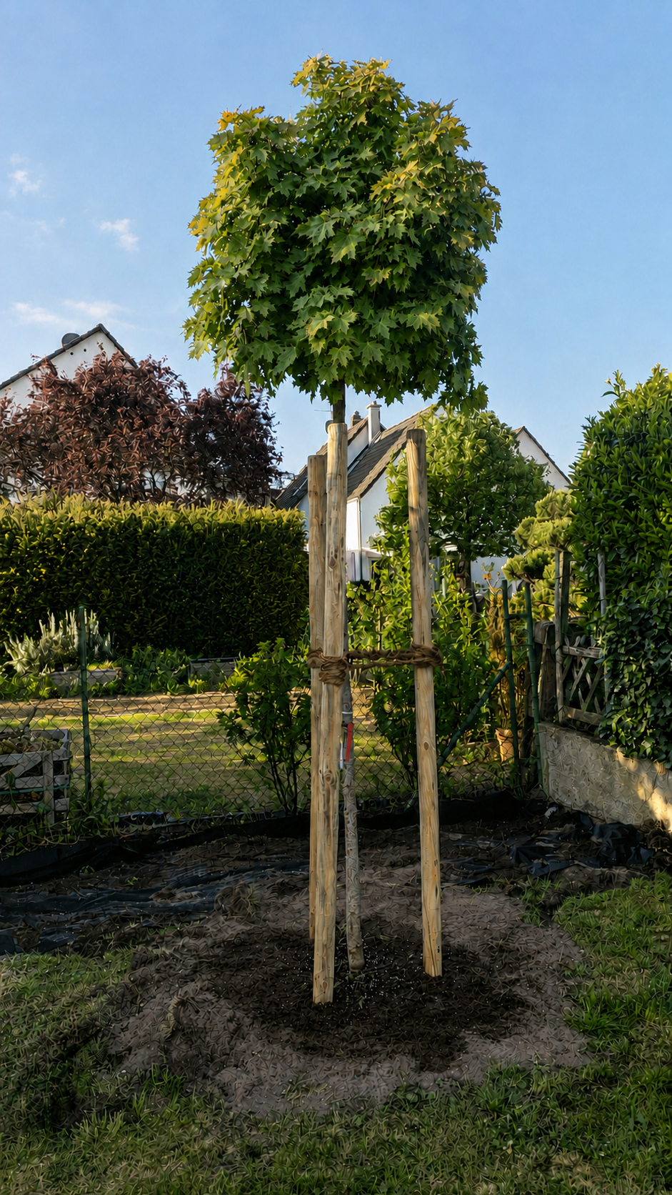 Junger gepflanzter Baum mit Stützpfählen und Gießrand in einem Garten