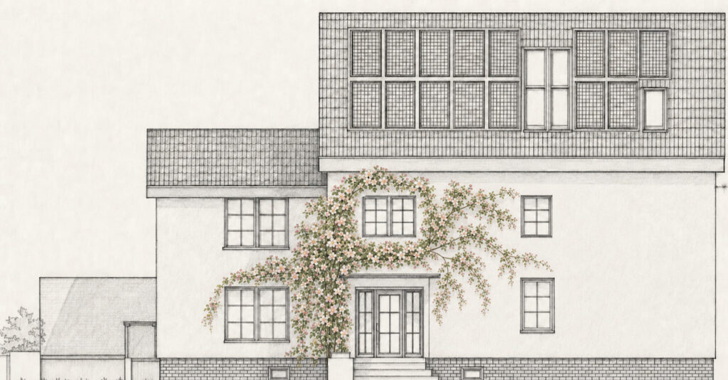 Visualisierung einer sanierten Hausfassade mit Ramblerrose Paul's Himalayan Musk