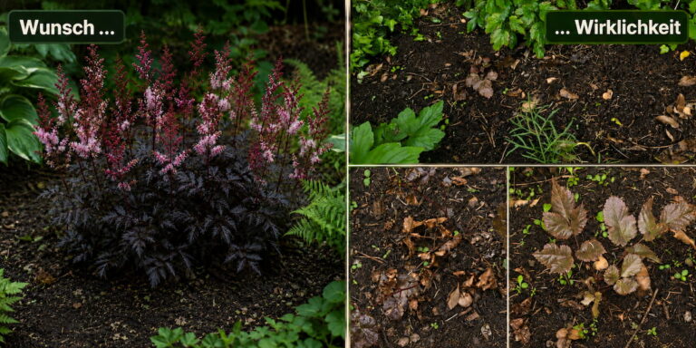 Astilbe „Dark Side of the Moon“ im Vergleich zwischen gewünschter üppiger Blüte und tatsächlichem schwachem Wuchs im Garten