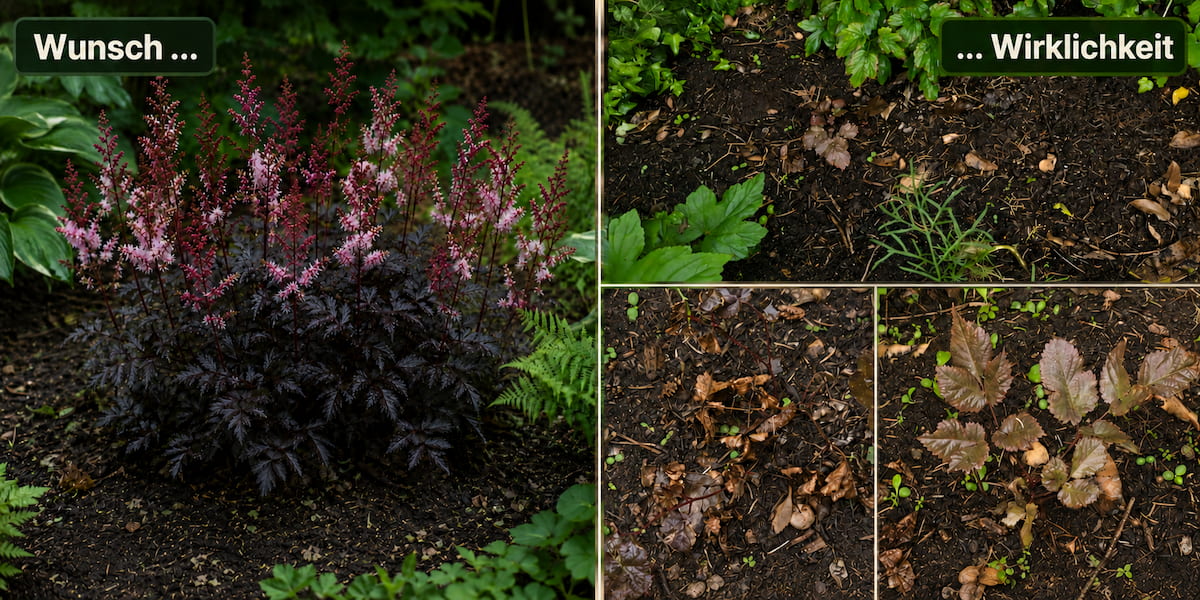 Astilbe „Dark Side of the Moon“ im Vergleich zwischen gewünschter üppiger Blüte und tatsächlichem schwachem Wuchs im Garten