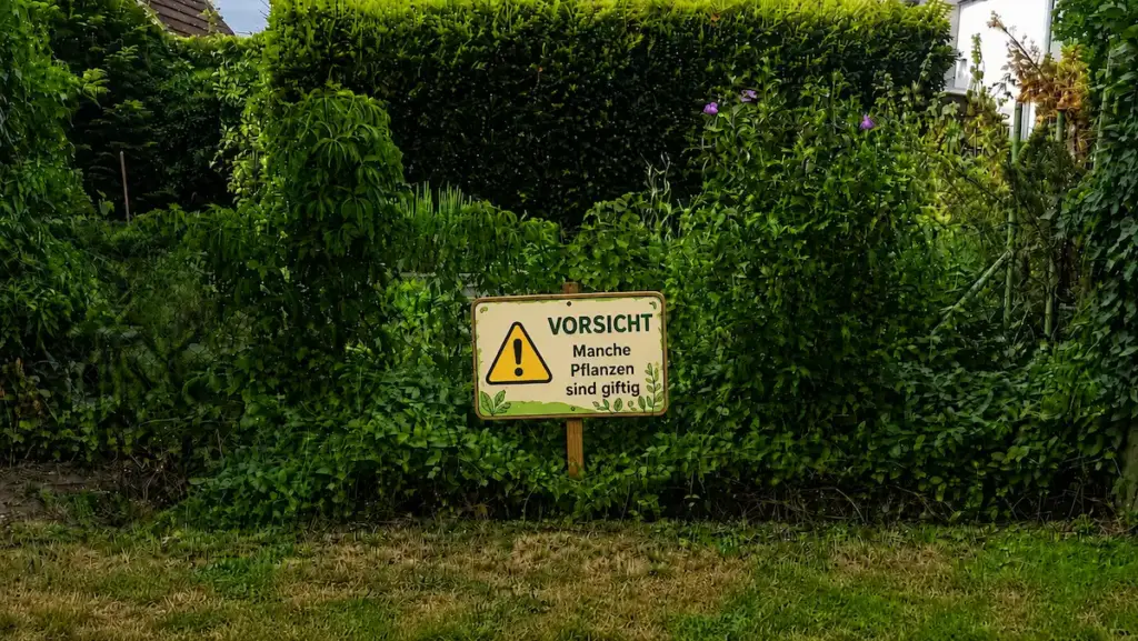 Ein grüner Pflanzenteppich aus immergrün in einem kleinen Garten mit einem durch Bildbearbeitung, zu Illustrationszwecken, hinzugefügten Warnschild