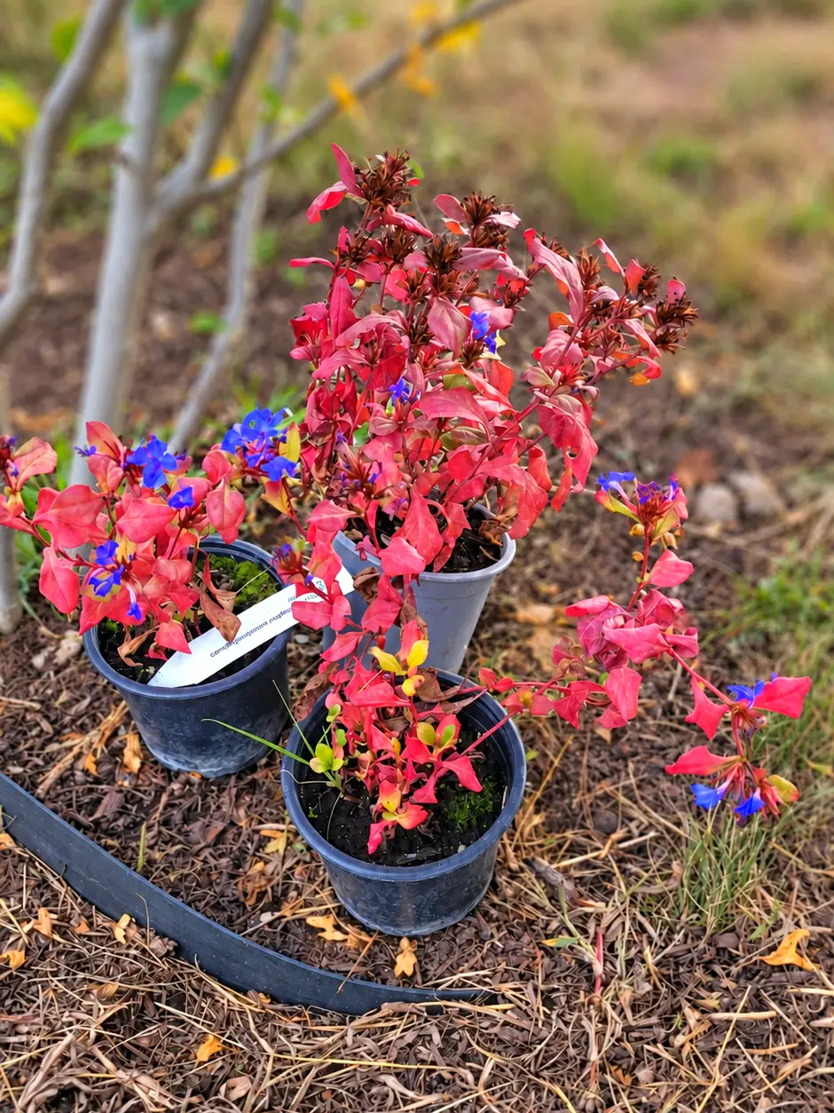 Chinesischer Bleiwurz mit blauen Blüten und roter Herbstfärbung