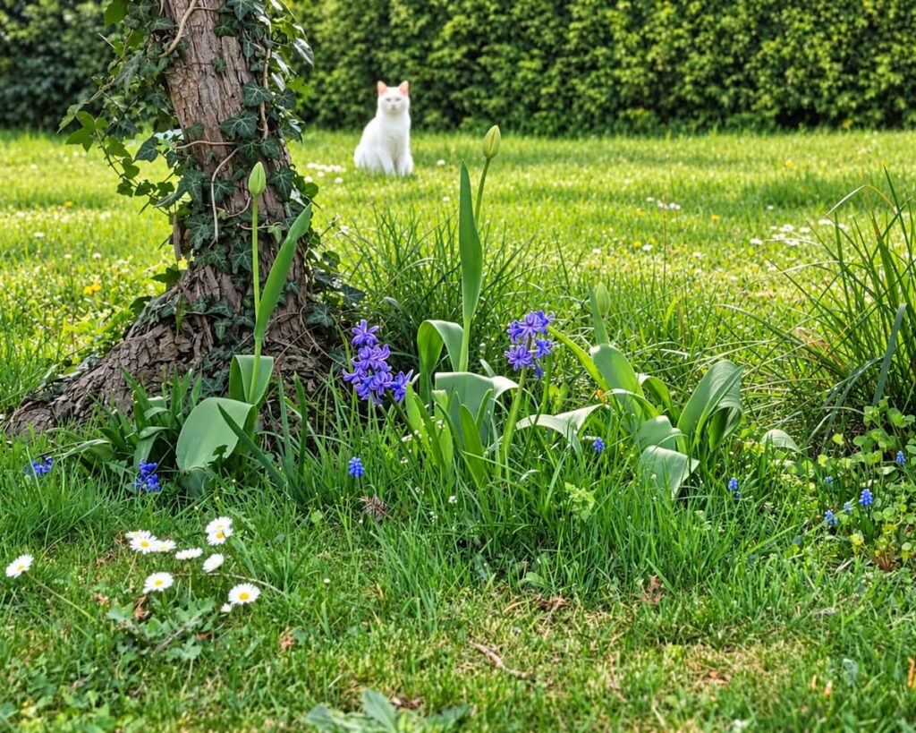 Verwildernde Frühlingsblüher unter einem Baum: blaue Hyazinthen und weitere Blumenzwiebeln in einer naturnahen Gartenwiese