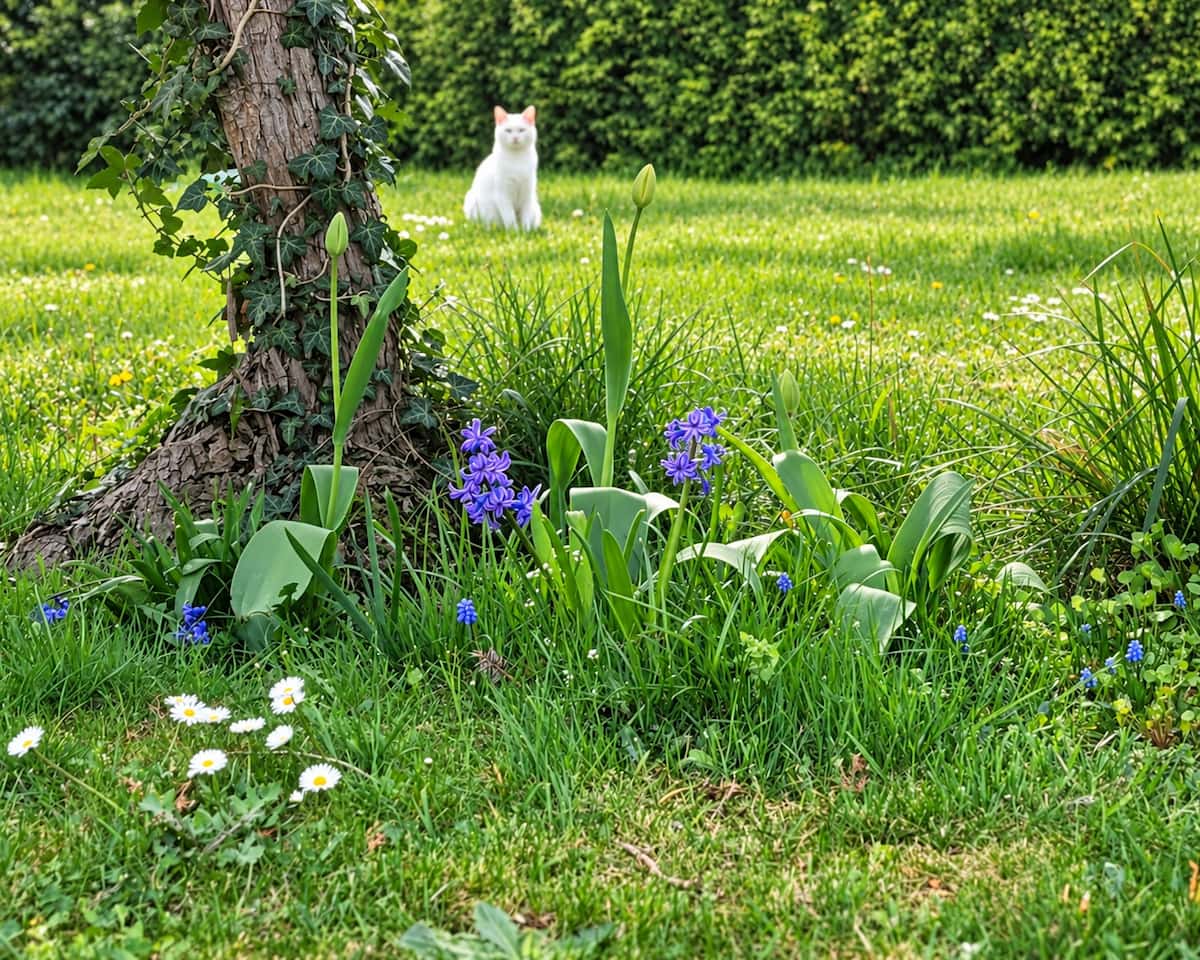 Verwildernde Frühlingsblüher unter einem Baum: blaue Hyazinthen und weitere Blumenzwiebeln in einer naturnahen Gartenwiese