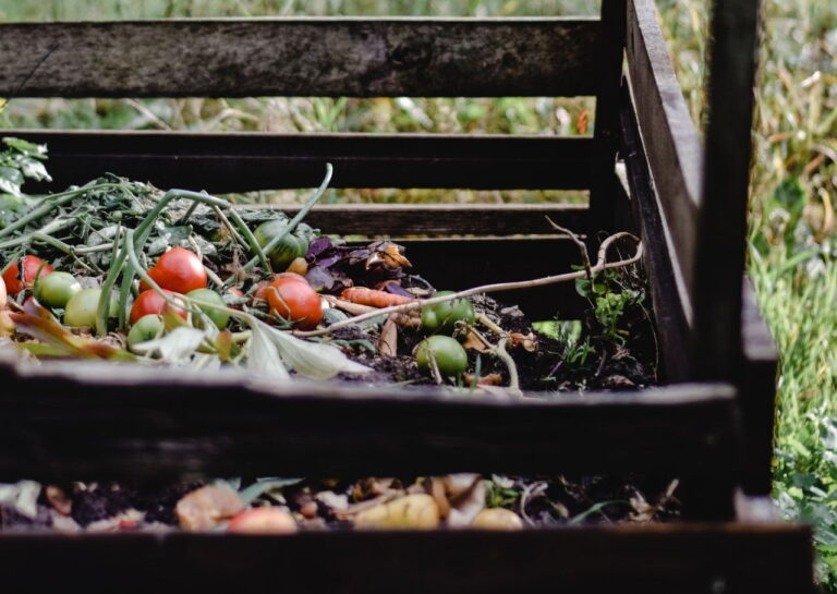 Offener Holzkomposter mit Garten- und Gemüseabfällen